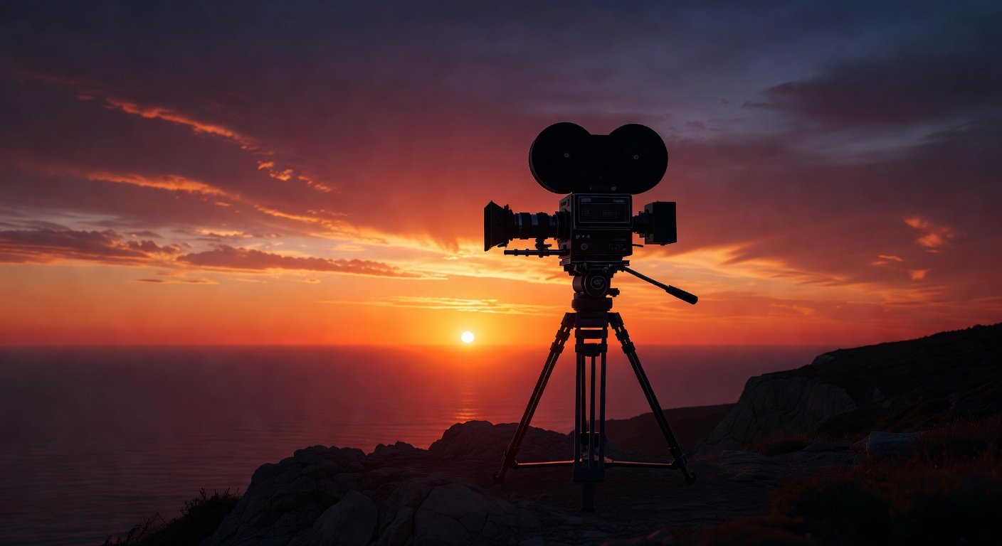 Cinematic shot of a movie camera silhouette against a sunset