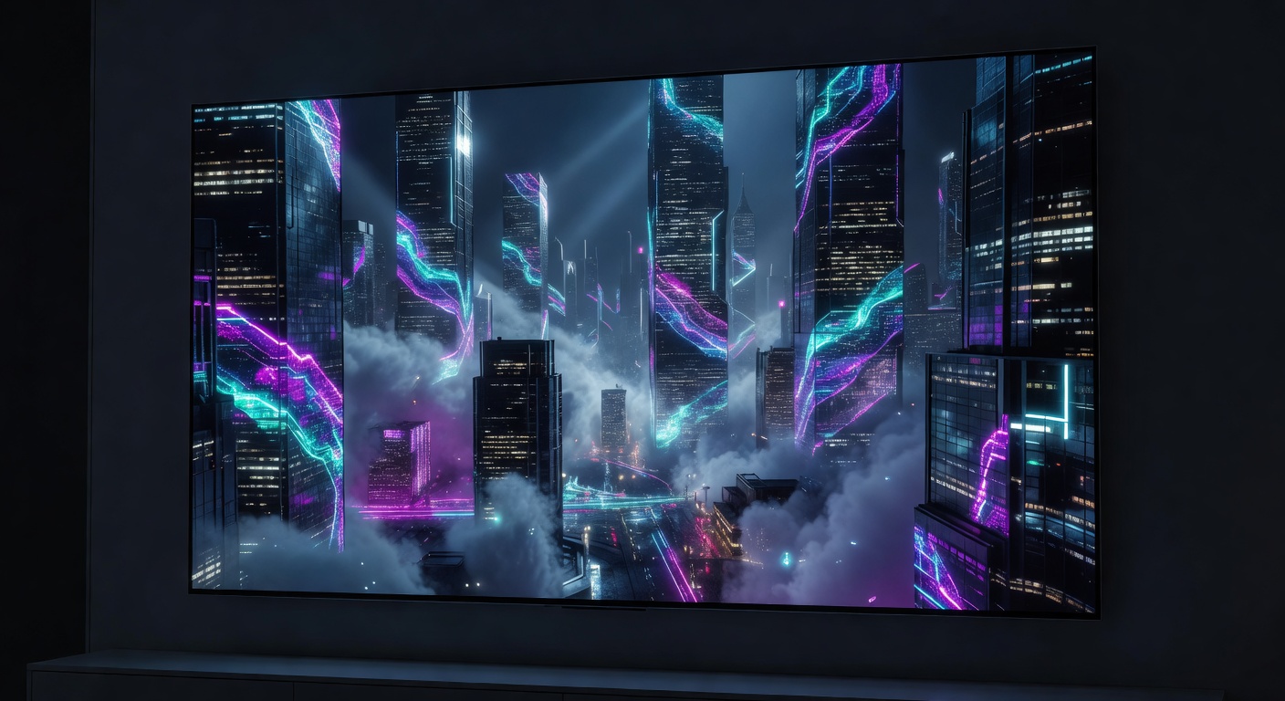 Cinematic smart TV interface displaying a sci-fi scene with glowing neon lights
